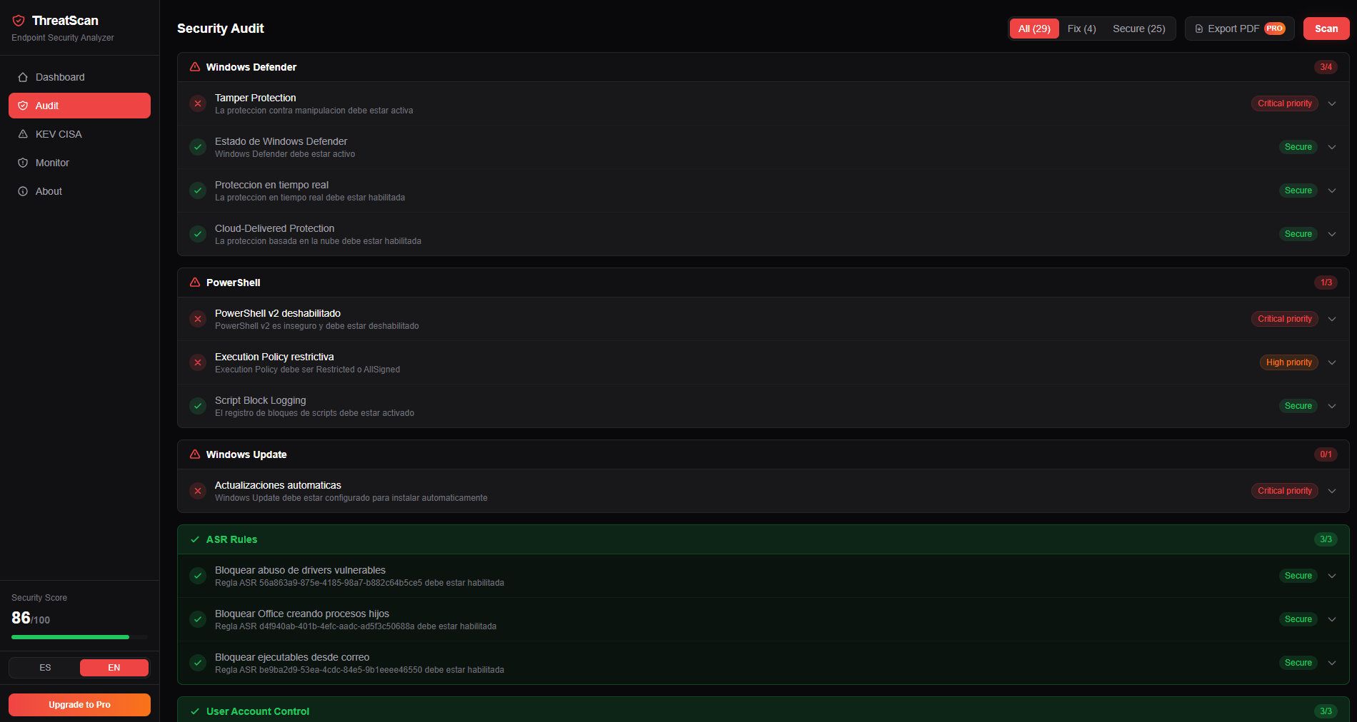 ThreatScan — Security Audit dashboard showing Windows Defender, PowerShell, ASR Rules checks with security score